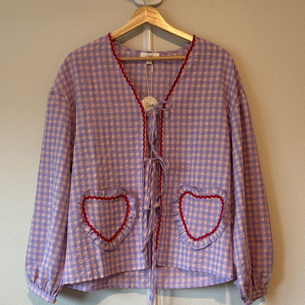 Chic Purple Checkered Blouse with Red Accents